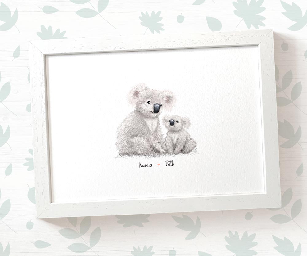 A4 framed koala family print featuring mum and baby with names for the best mothers day gift