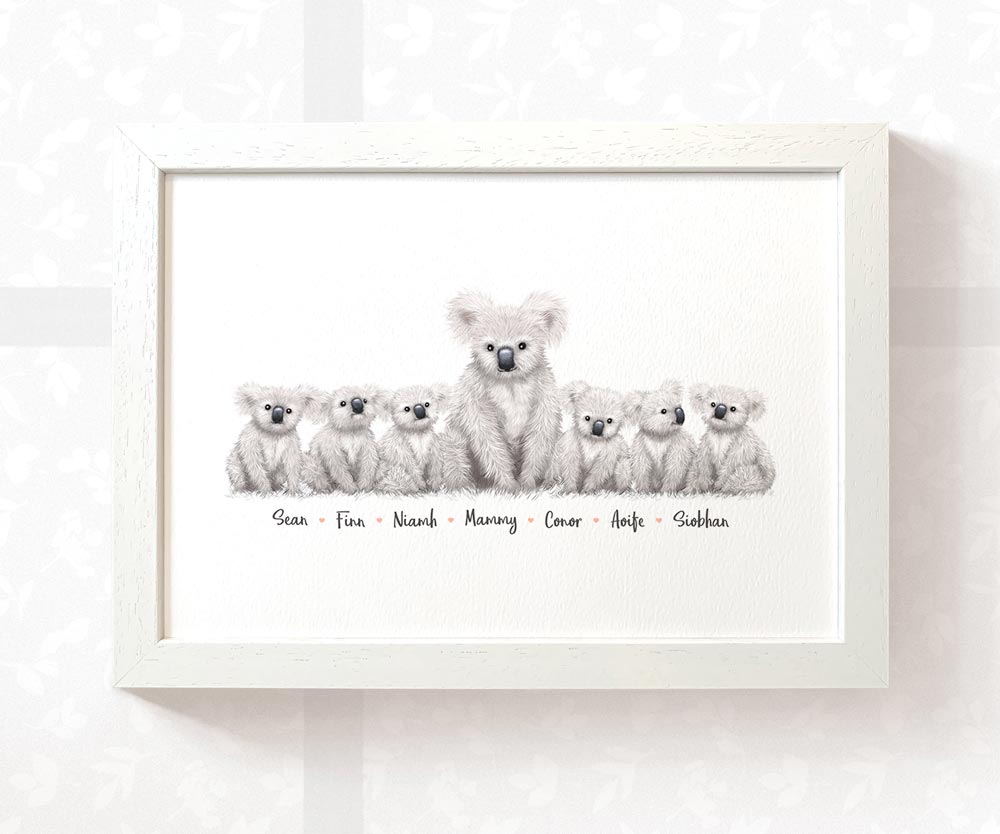 Framed A3 koala print featuring mum and 3 children with names for the best mothers day gift