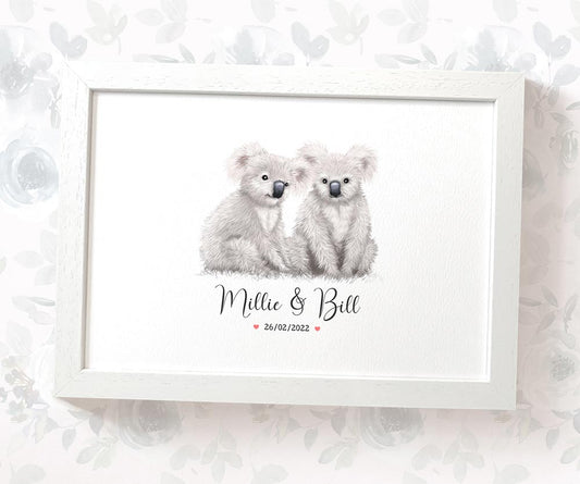 Koala Couple A4 Framed Print Personalized With Names And Date For An Exceptional First Anniversary Gift Idea