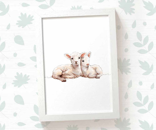 Twin Lamb Farm Animals Nursery Art Print | Children's Wall Art