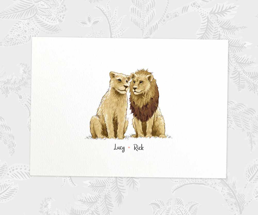A3 couple print featuring two lions with personalised names beneath for the best husband or wife gift