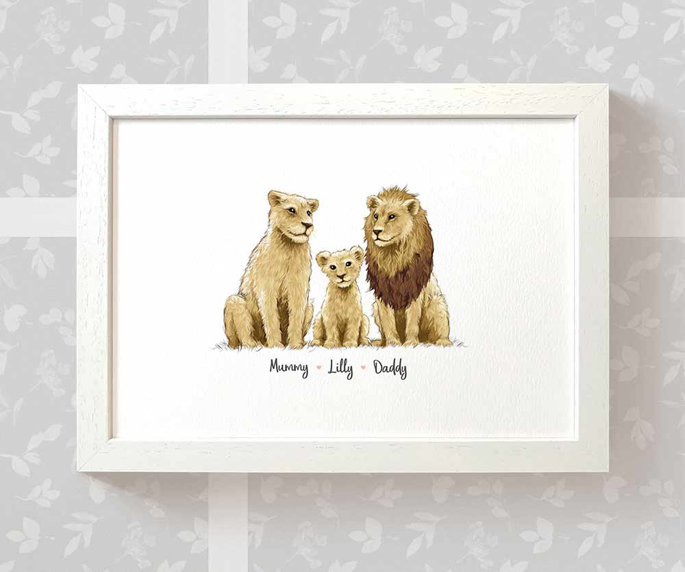 White framed A4 lion family portrait with personalised names for the perfect birthday gift for mum