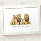 Lion family portrait featuring grandma and grandad with grandchildren and personalised names for the best grandparent gift