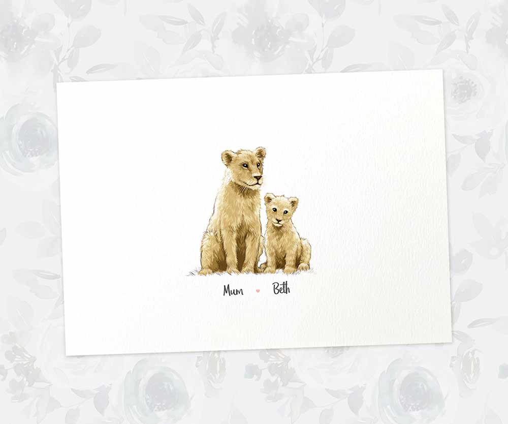 Printed A4 mother and baby lion personalised with names for a special mothers day present