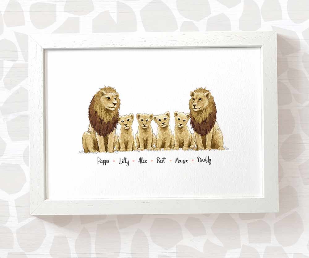 Lion family portrait personalised with names displayed in an A4 white wood frame for a thoughful gift for dad