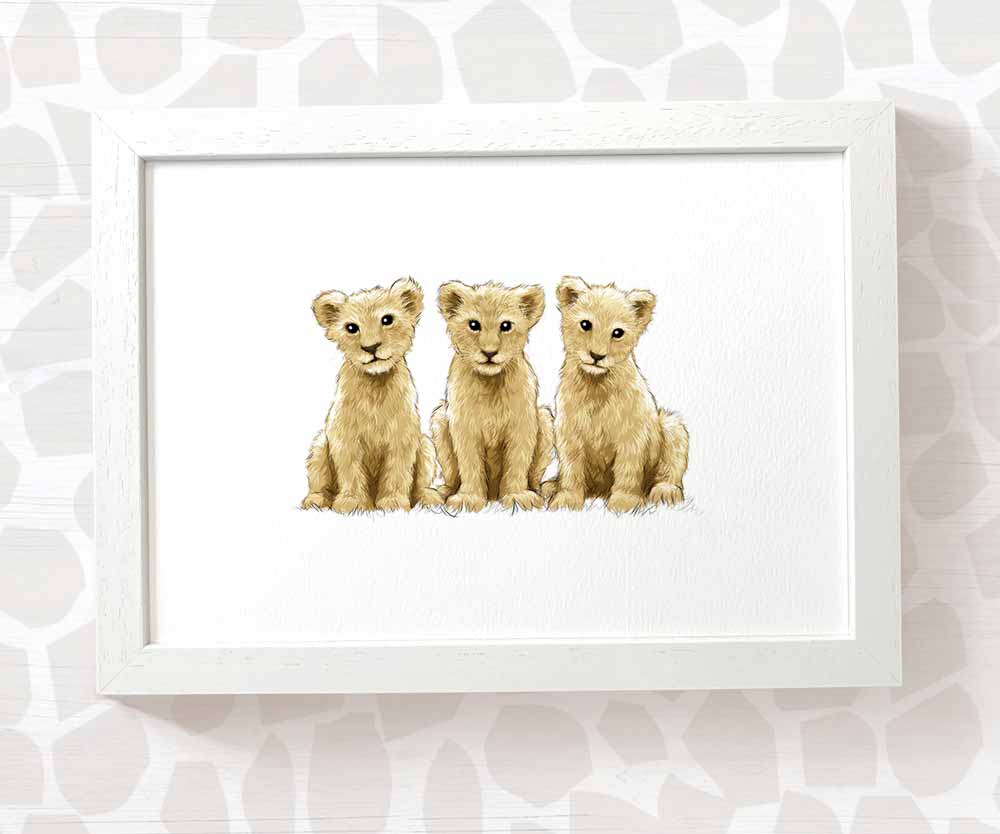 Triplet Baby Gift Safari Nursery Decor Childrens Animal Wall Art Lion Print Playroom Newborn First Birthday