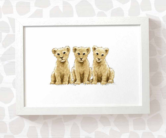 Triplet Baby Gift Safari Nursery Decor Childrens Animal Wall Art Lion Print Playroom Newborn First Birthday