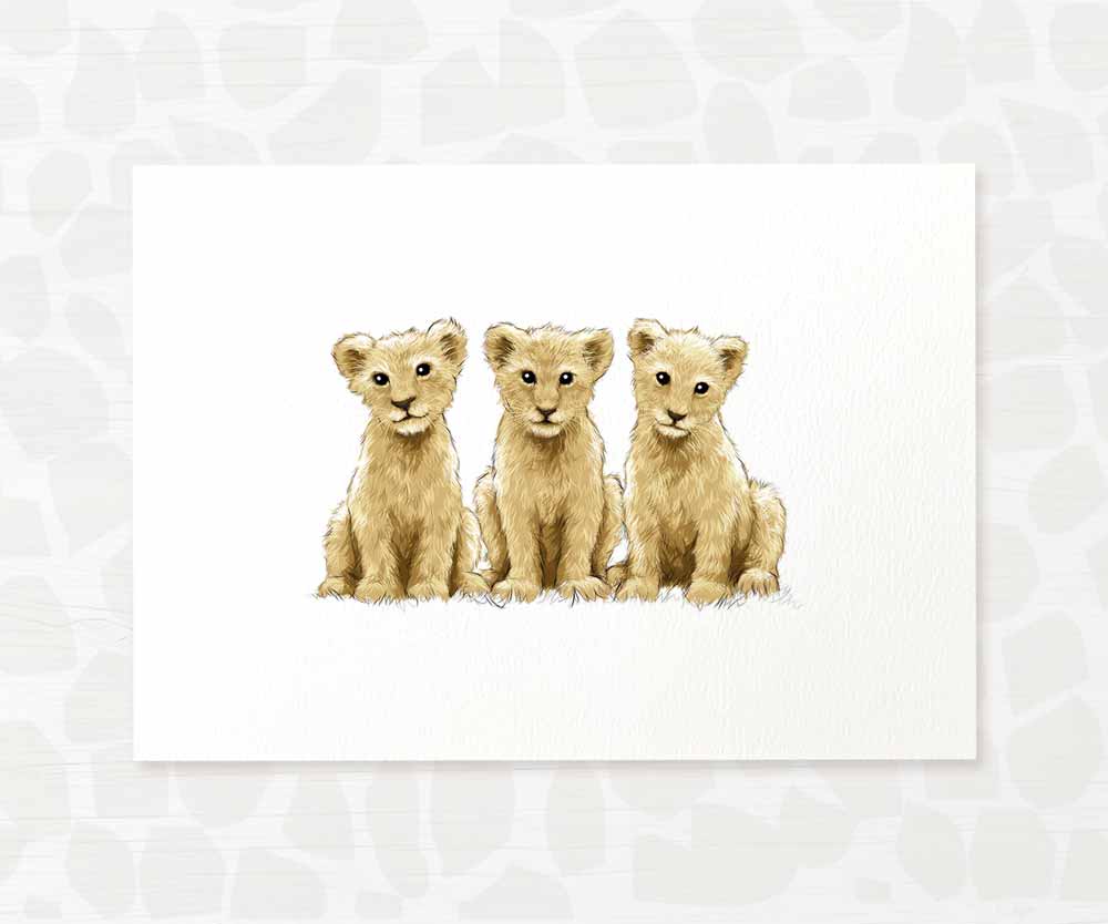 Triplet Baby Shower Gift Safari Jungle Nursery Decor Animal Wall Art Lion Print Newborn Boy Girl