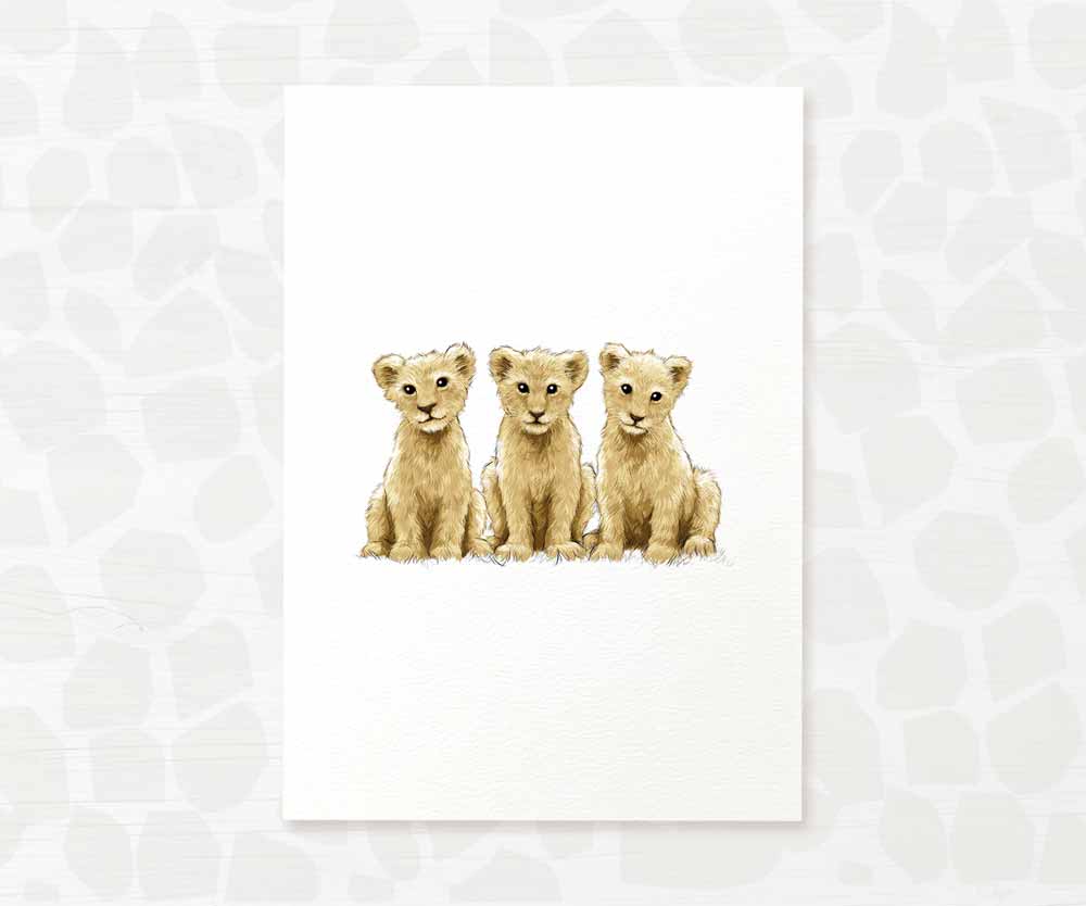 Triplet Baby Shower Gift Safari Jungle Nursery Decor Animal Wall Art Lion Print Newborn Gender Neutral