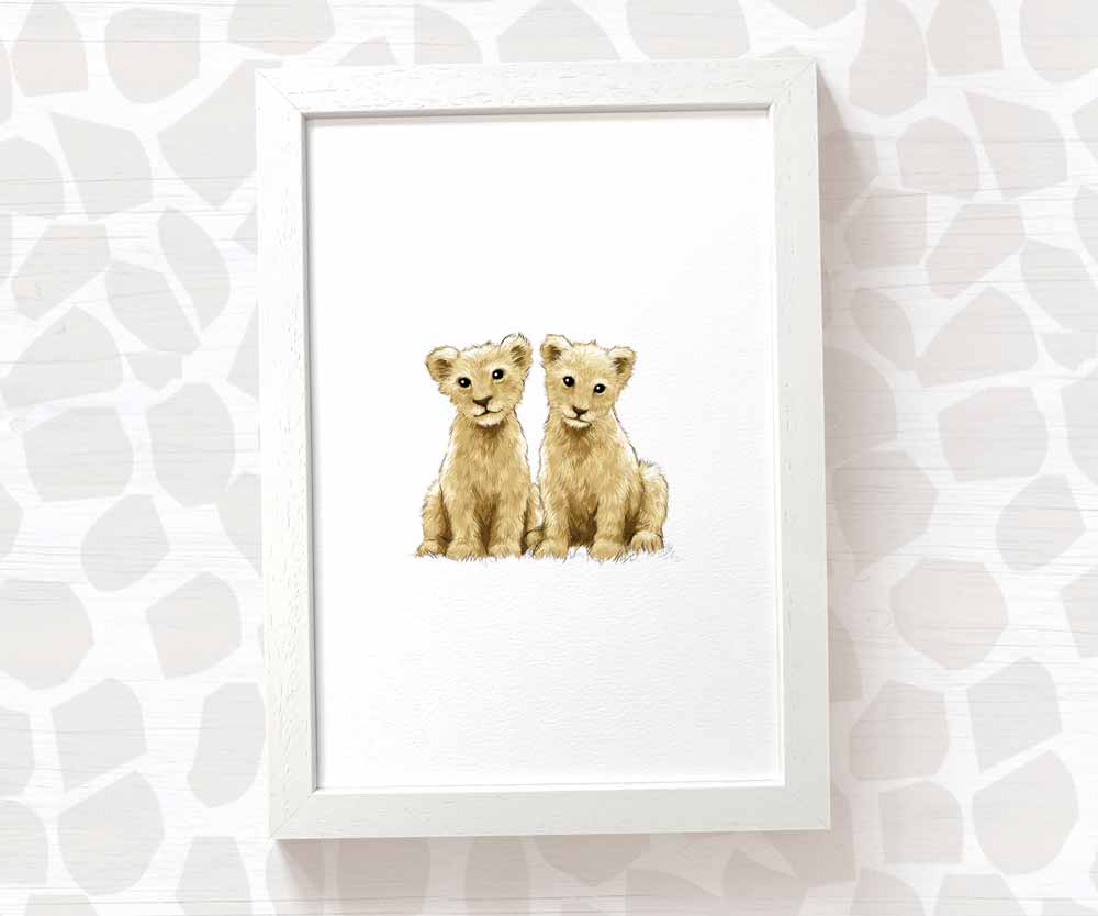 Newborn Baby Shower Gift Safari Nursery Decor Kids Animal Wall Art Lion Print First Birthday Framed
