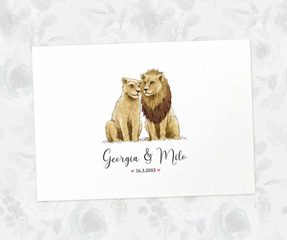 Two Lions A3 Unframed Art Print Personalized With Names And Date For A Heartwarming Valentines Day Gift