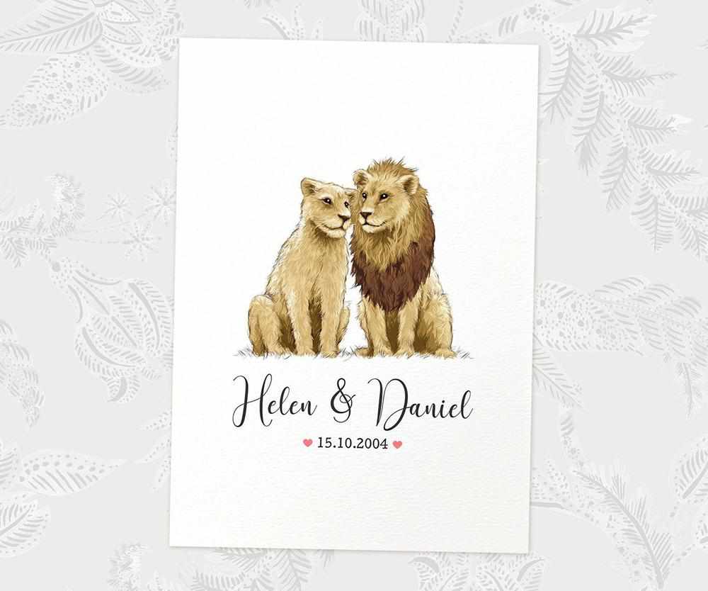 Two Lions A4 Unframed Print Customized With Names And Date For A Thoughtful Valentines Day Gift