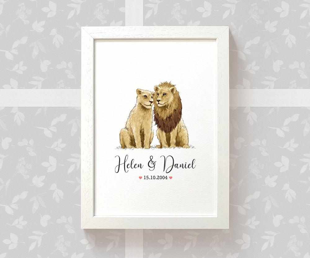 Personalized Lion Couple A4 Framed Print Featuring Newlywed Names And Date For A Unique Wedding Gift