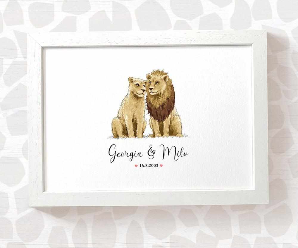 Lion Couple A4 Framed Print Personalized With Names And Date For An Exceptional First Anniversary Gift Idea