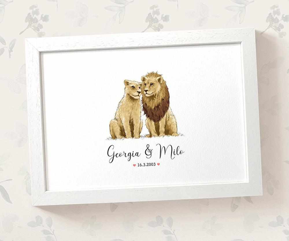 Personalized Lion Couple A3 Framed Print Featuring Names And Date For A Memorable 50th Anniversary Gift For Parents