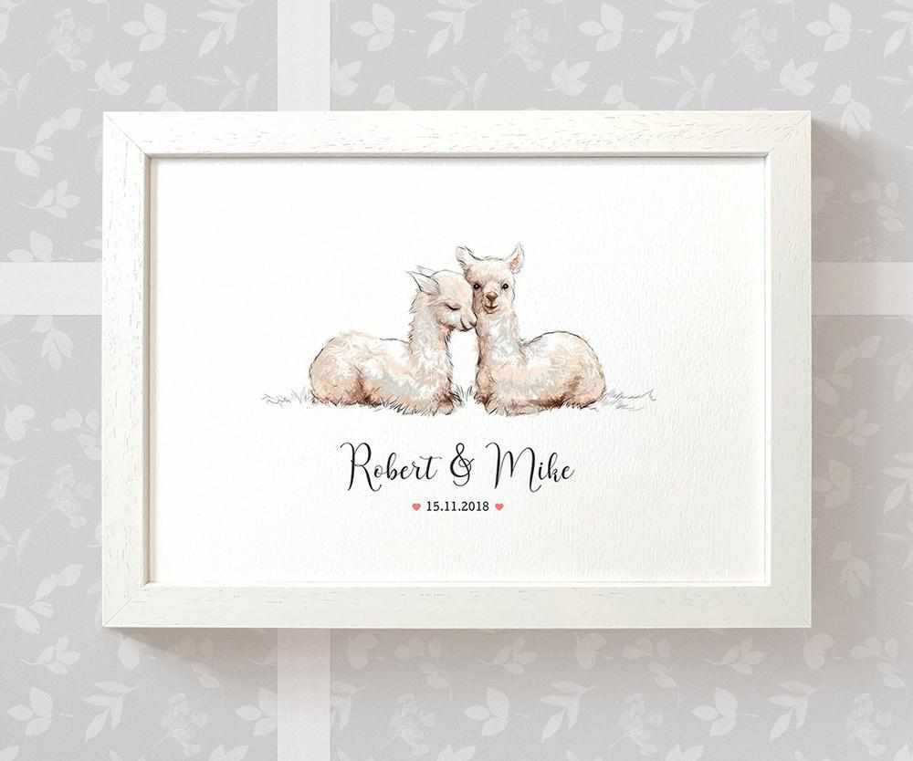 Personalized Llama Couple A4 Framed Print Featuring Names and Date For A Special First Anniversary Gift