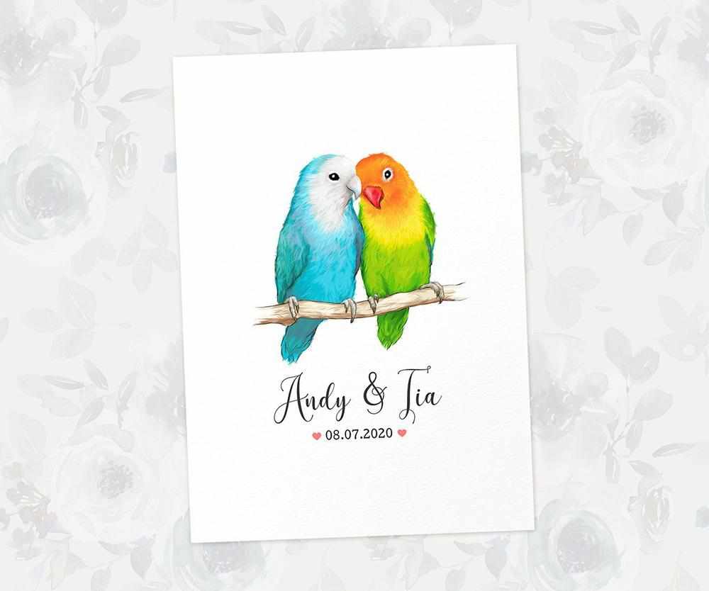 Two Lovebirdss A3 Unframed Art Print Personalized With Names And Date For A Heartwarming Valentines Day Gift