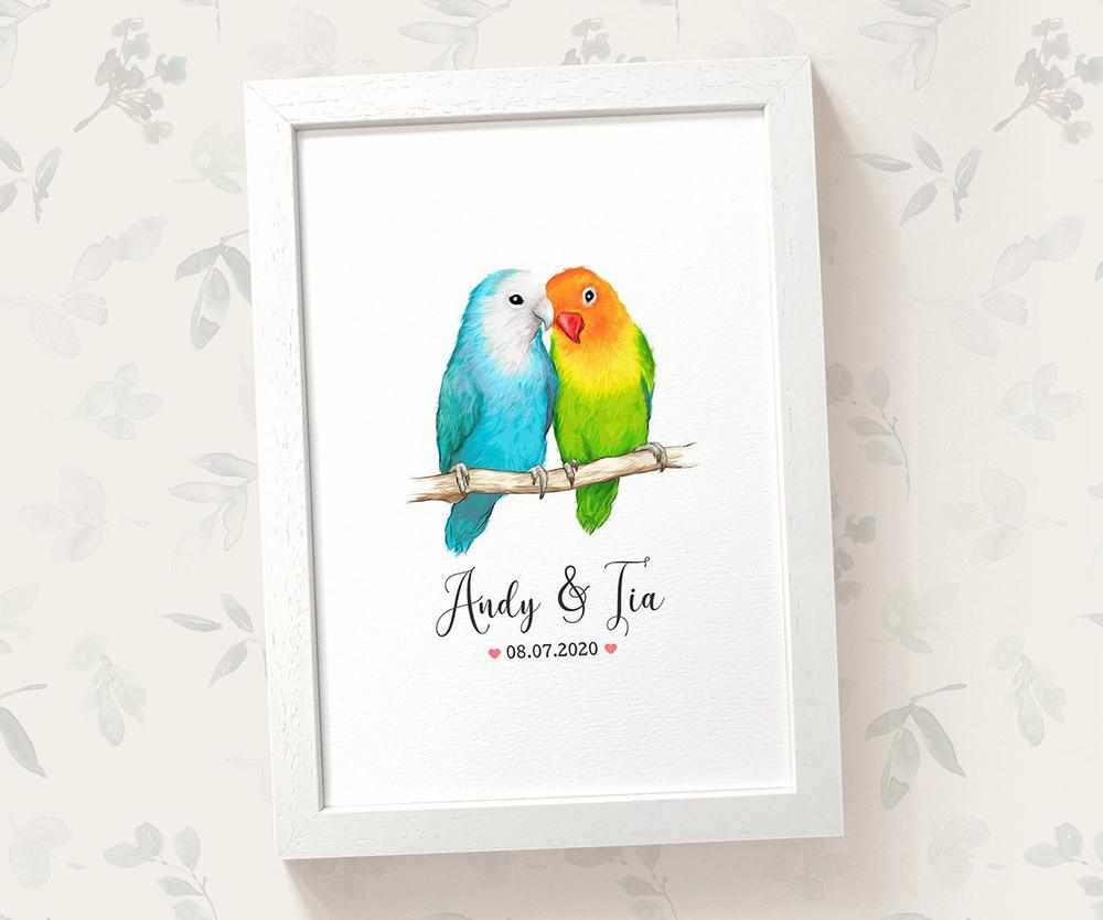 Lovebirds Couple A4 Framed Print Personalized With Names And Date For An Exceptional First Anniversary Gift Idea