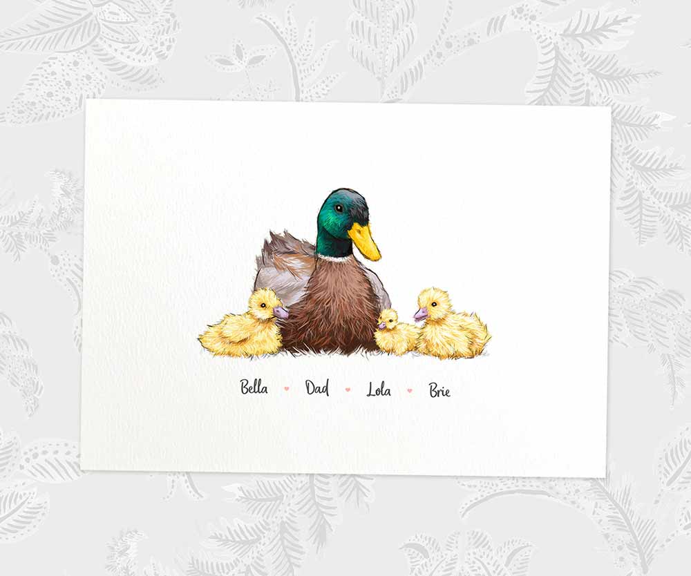 Duck A3 family print featuring dad and 3 children personalised with names for the best fathers day gift