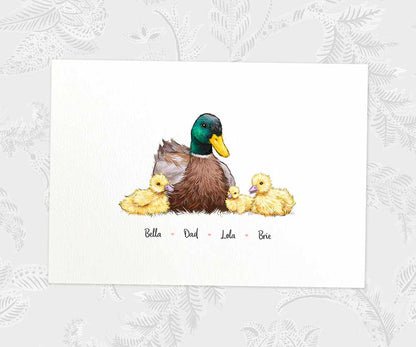 Duck A3 family print featuring dad and 3 children personalised with names for the best fathers day gift