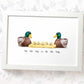 Duck family of 7 portrait personalised with names displayed in an A4 white wood frame for a thoughful gift for dad