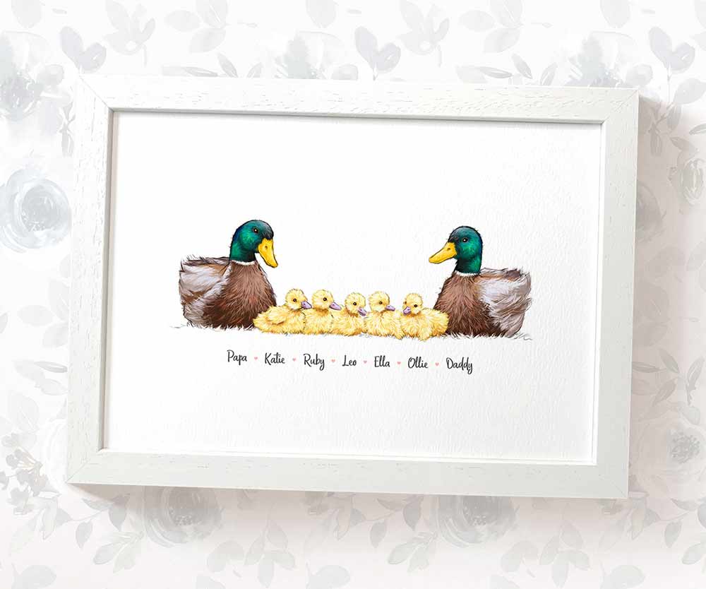 Duck family of 7 portrait personalised with names displayed in an A4 white wood frame for a thoughful gift for dad