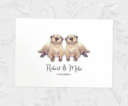 Two Otters A4 Unframed Print Customized With Names And Date For A Thoughtful Valentines Day Gift