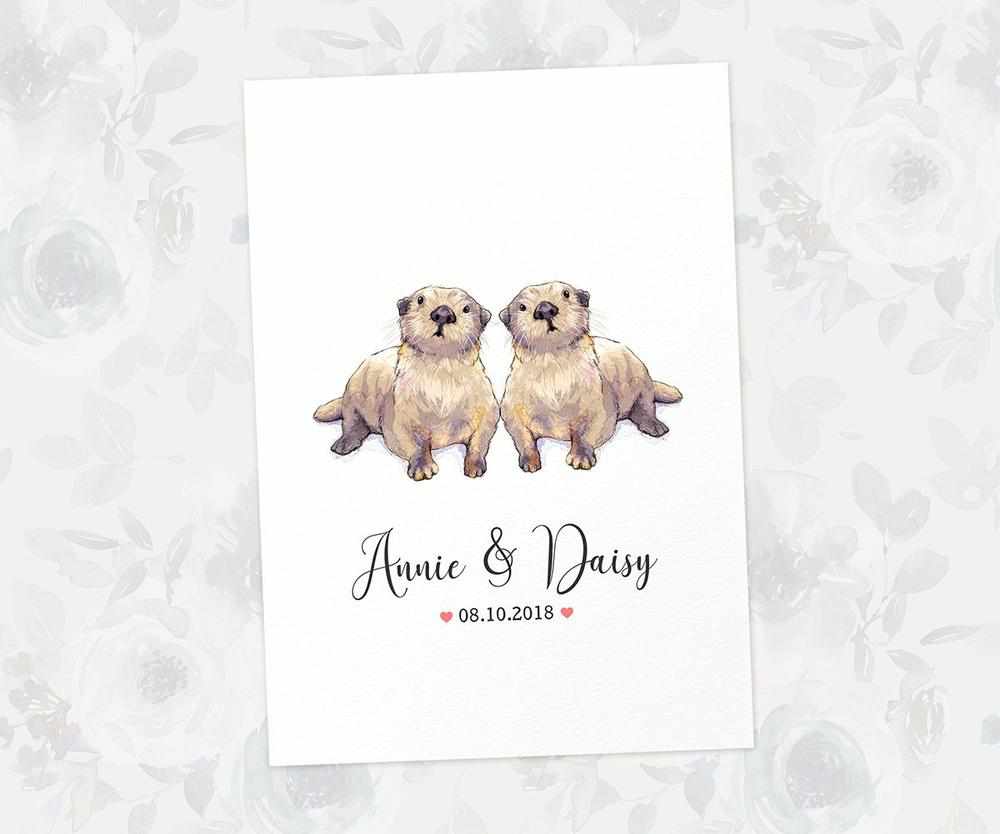 Two Otters A3 Unframed Art Print Personalized With Names And Date For A Heartwarming Valentines Day Gift