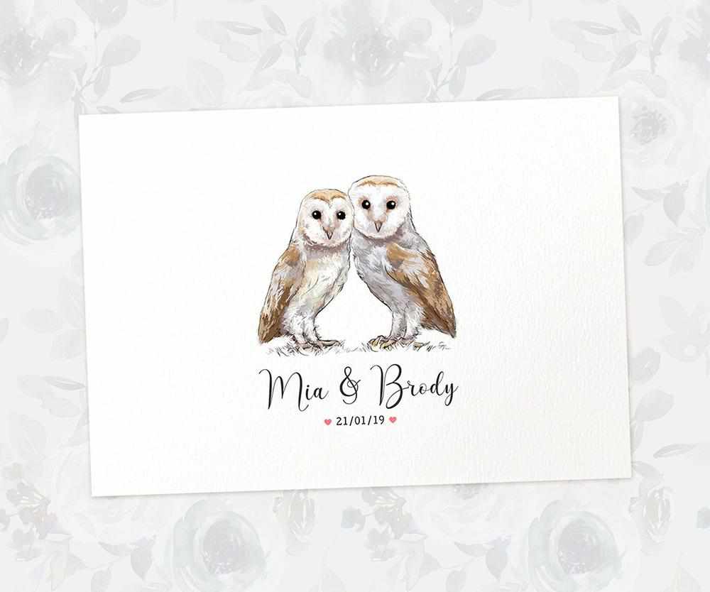 Two Owls A4 Unframed Print Customized With Names And Date For A Thoughtful Valentines Day Gift