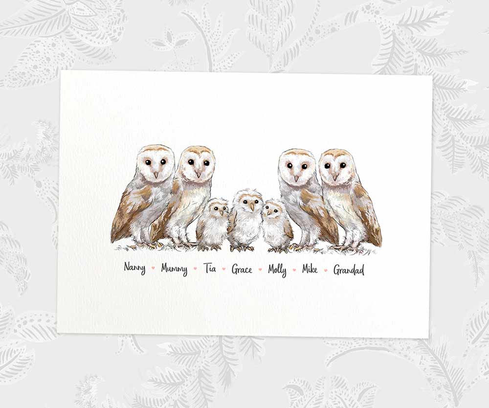 Barn owl family portrait featuring grandma grandad and grandchildren with personalised names for the best grandparents gift