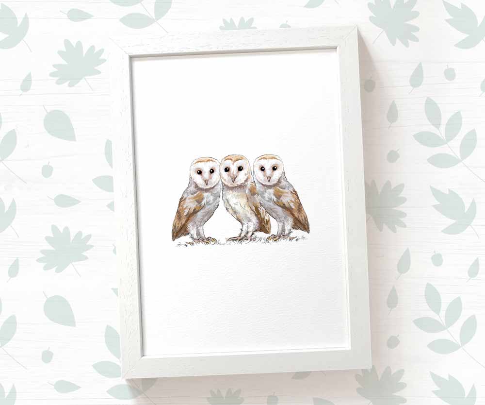 Triplet Barn Owl Woodland Nursery Art Print | Bird Children's Wall Art