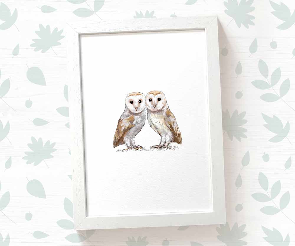 Twin Barn Owl Woodland Nursery Art Print | Bird Children's Wall Art