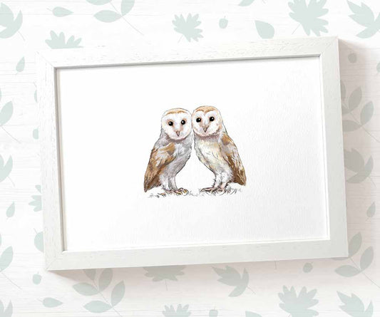 Twin Barn Owl Woodland Nursery Art Print | Bird Children's Wall Art