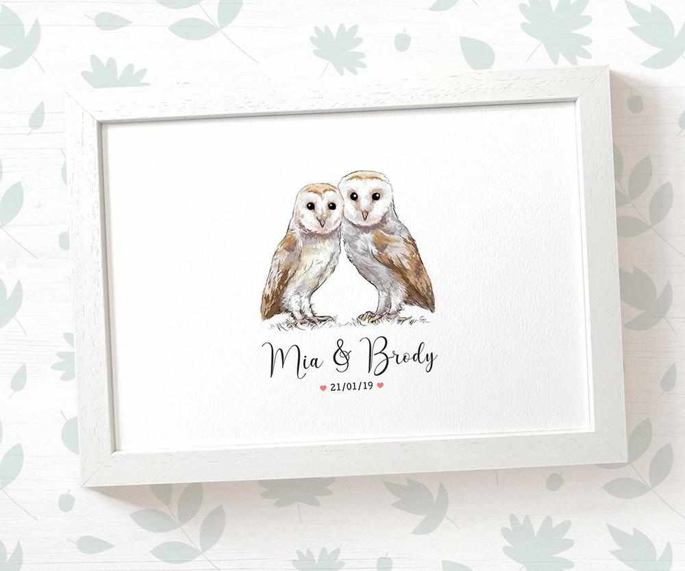 Personalized Owl Couple A4 Framed Print Featuring Newlywed Names And Date For A Unique Wedding Gift