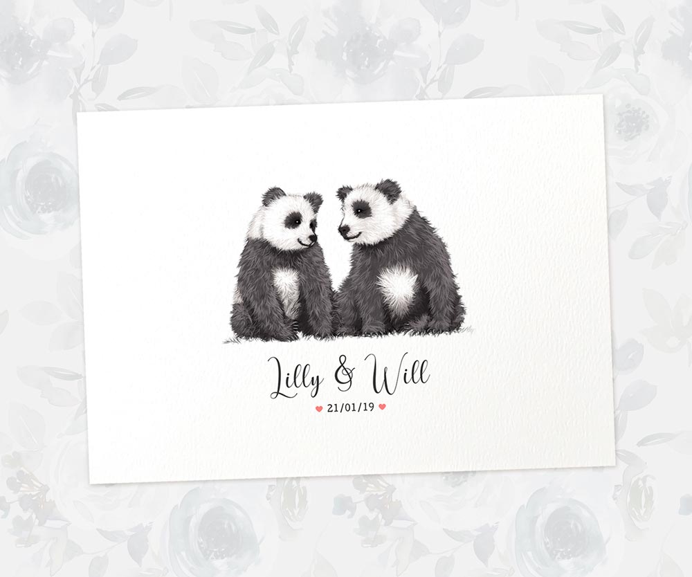 Two Pandas A4 Unframed Print Customized With Names And Date For A Thoughtful Valentines Day Gift
