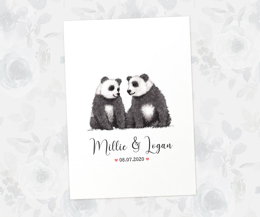 Two Pandas A3 Unframed Art Print Personalized With Names And Date For A Heartwarming Valentines Day Gift