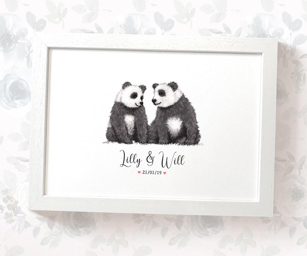 Panda Couple A4 Framed Print Personalized With Names And Date For An Exceptional First Anniversary Gift Idea