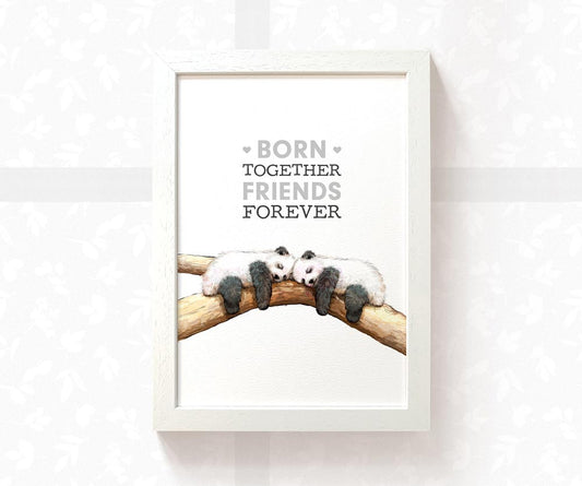 Twin Sleeping Pandas Nursery Art Print | Born Together, Friends Forever | Children's Wall Art