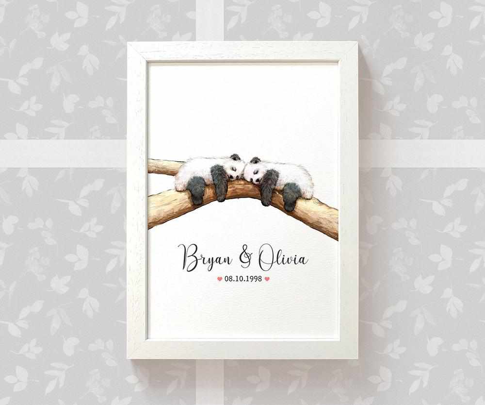 Personalized Panda Couple A4 Framed Print Featuring Newlywed Names And Date For A Unique Wedding Gift