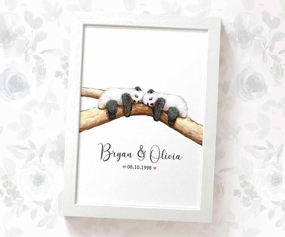 Personalized Panda Couple A4 Framed Print Featuring Names and Date For A Special First Anniversary Gift