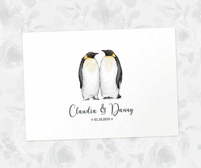 Two Penguins A3 Unframed Art Print Personalized With Names And Date For A Heartwarming Valentines Day Gift
