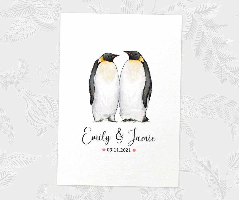 Two Penguins A4 Unframed Print Customized With Names And Date For A Thoughtful Valentines Day Gift