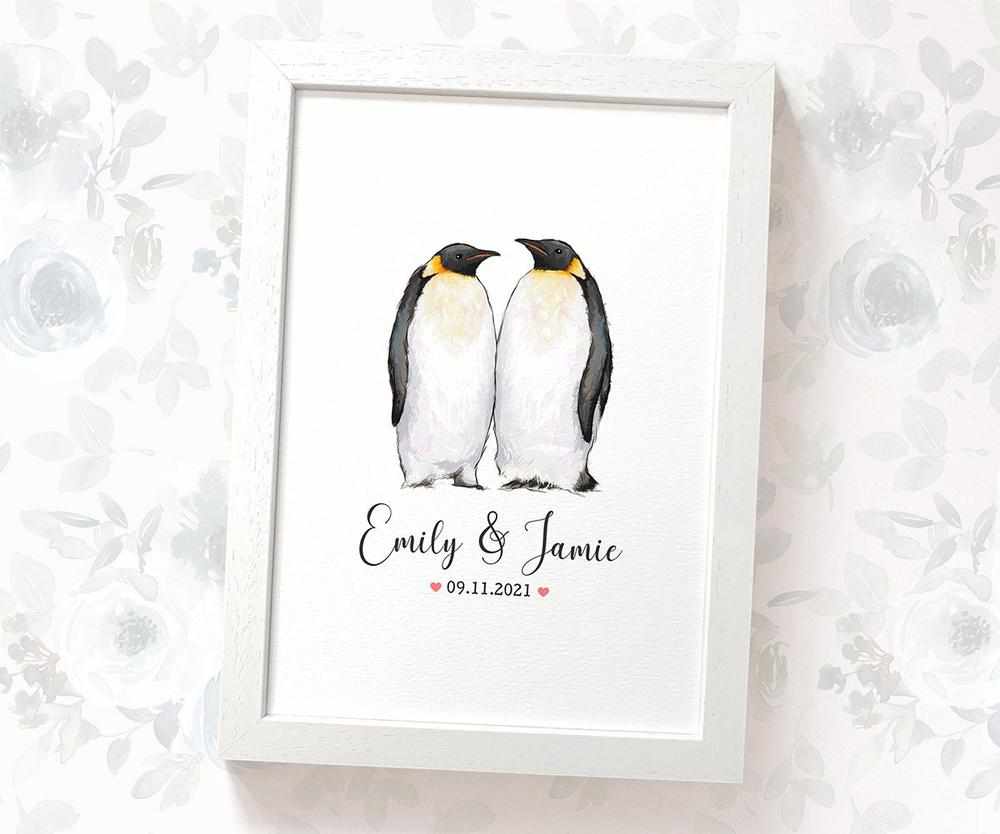 Personalized Penguin Couple A4 Framed Print Featuring Names and Date For A Special First Anniversary Gift