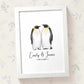 Personalized Penguin Couple A4 Framed Print Featuring Newlywed Names And Date For A Unique Wedding Gift