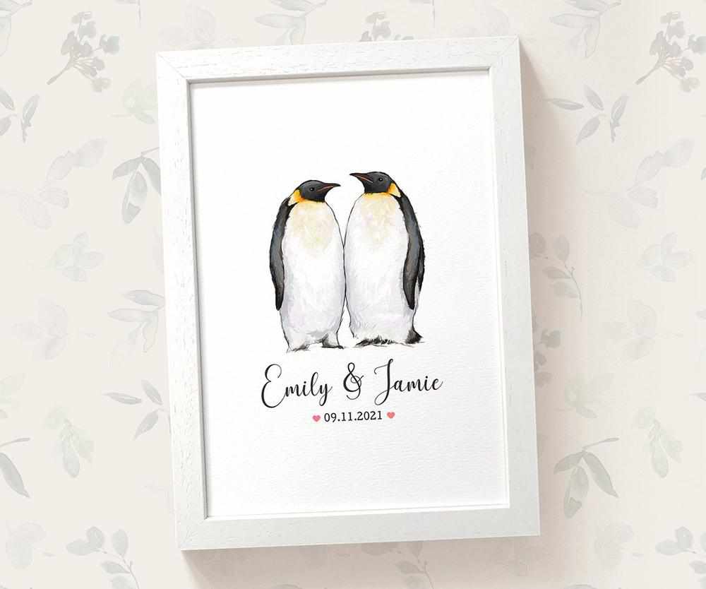Personalized Penguin Couple A4 Framed Print Featuring Newlywed Names And Date For A Unique Wedding Gift