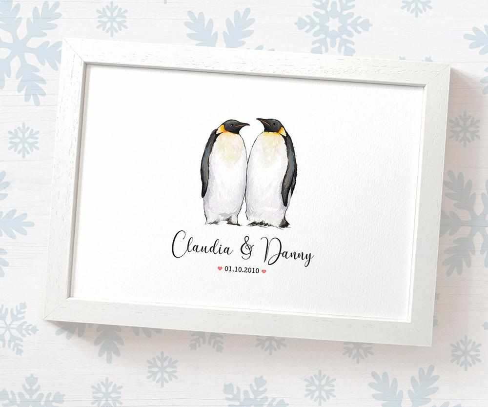 Penguin Couple A4 Framed Print Personalized With Names And Date For An Exceptional First Anniversary Gift Idea