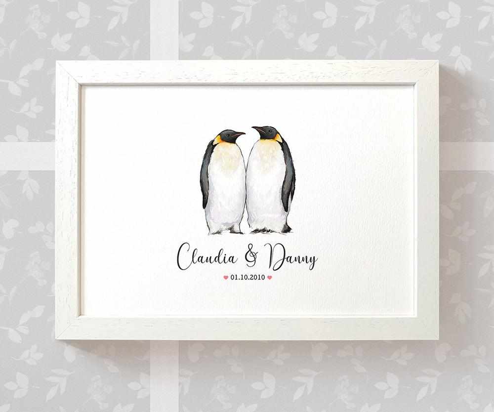 Personalized Penguin Couple A3 Framed Print Featuring Names And Date For A Memorable 50th Anniversary Gift For Parents