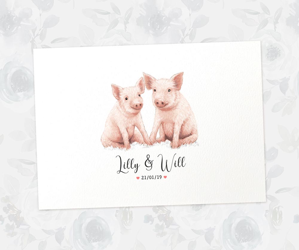 Two Pigs A3 Unframed Art Print Personalized With Names And Date For A Heartwarming Valentines Day Gift
