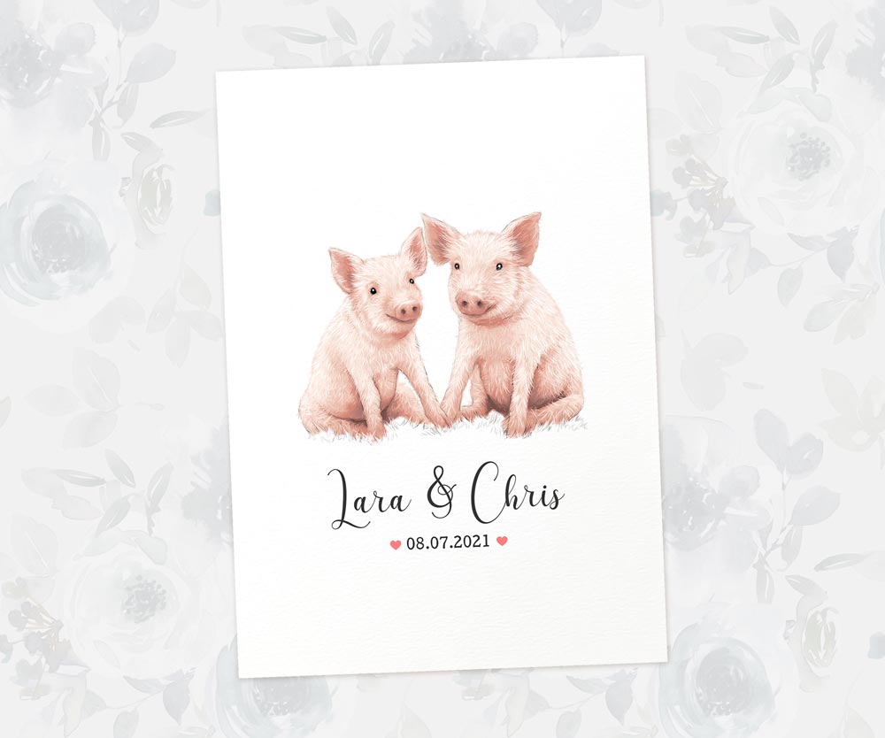 Two Pigs A4 Unframed Print Customized With Names And Date For A Thoughtful Valentines Day Gift