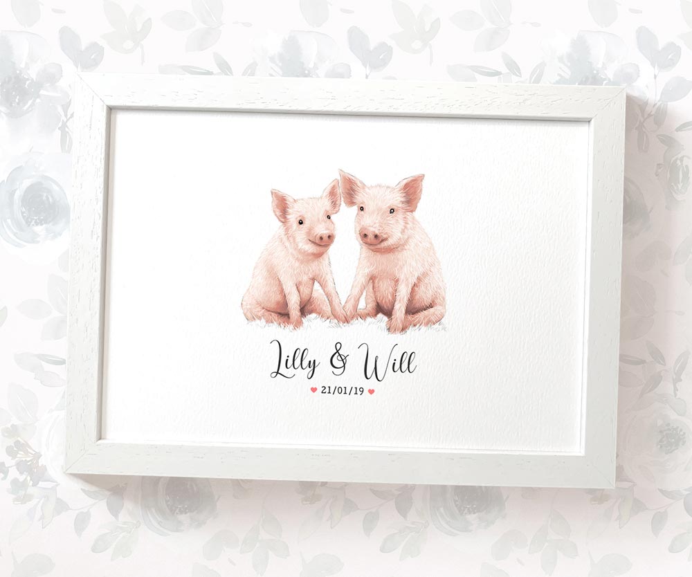 Pig Couple A4 Framed Print Personalized With Names And Date For An Exceptional First Anniversary Gift Idea